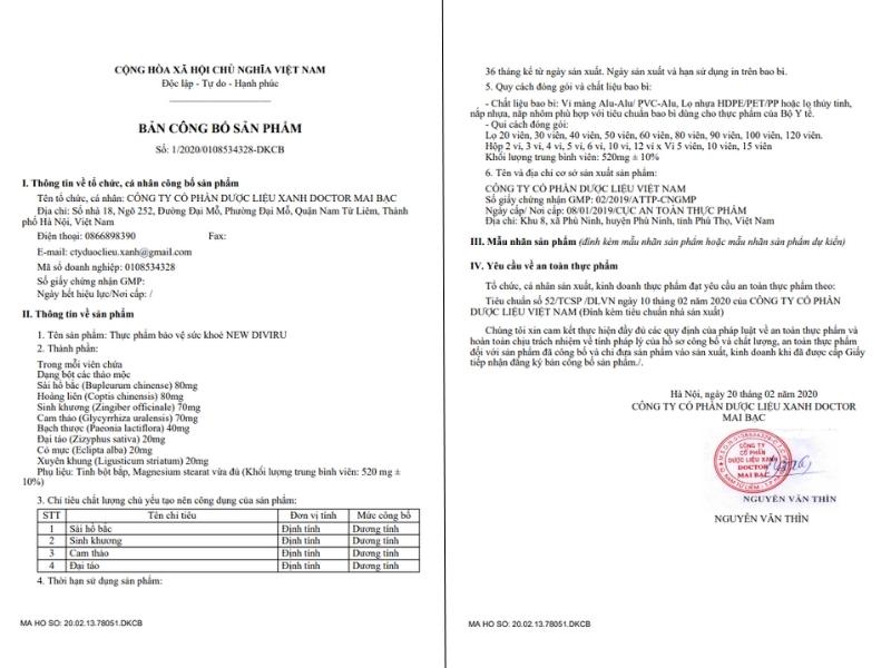 Bảng công bố sản phẩm New Diviru