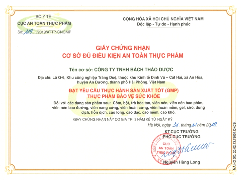 Giấy chứng nhận cơ sở đủ điều kiện an toàn thực phẩm