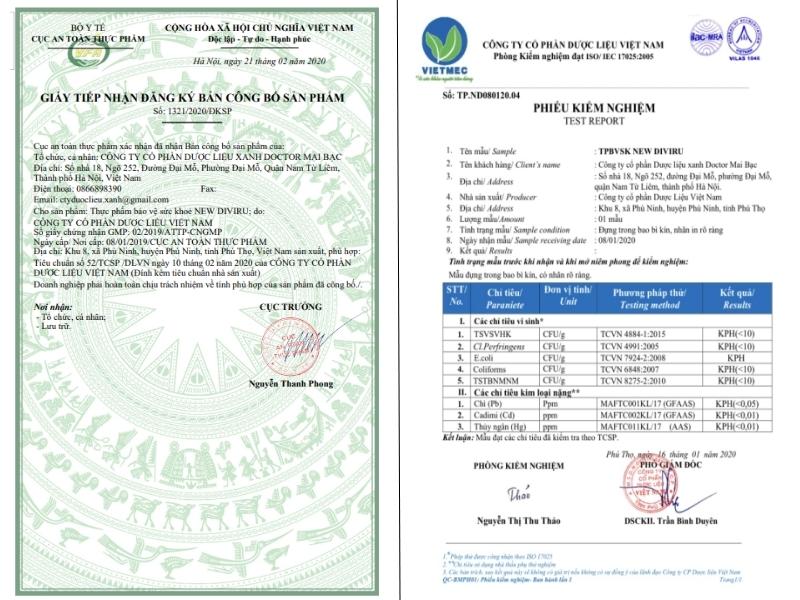 Phiếu kiểm nghiệm và giấy tiếp nhận đăng ký công bố sản phẩm New Diviru
